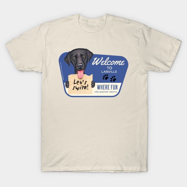 Fun black lab with let's swim sign in Labville, USA T-Shirt by Danny Gordon Art